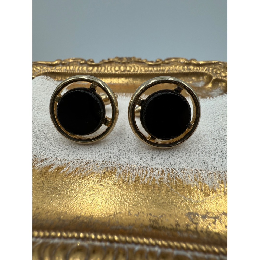 Vintage Gold Tone Round Black Stone Cufflinks Geometric‎ Formal Wedding Mens